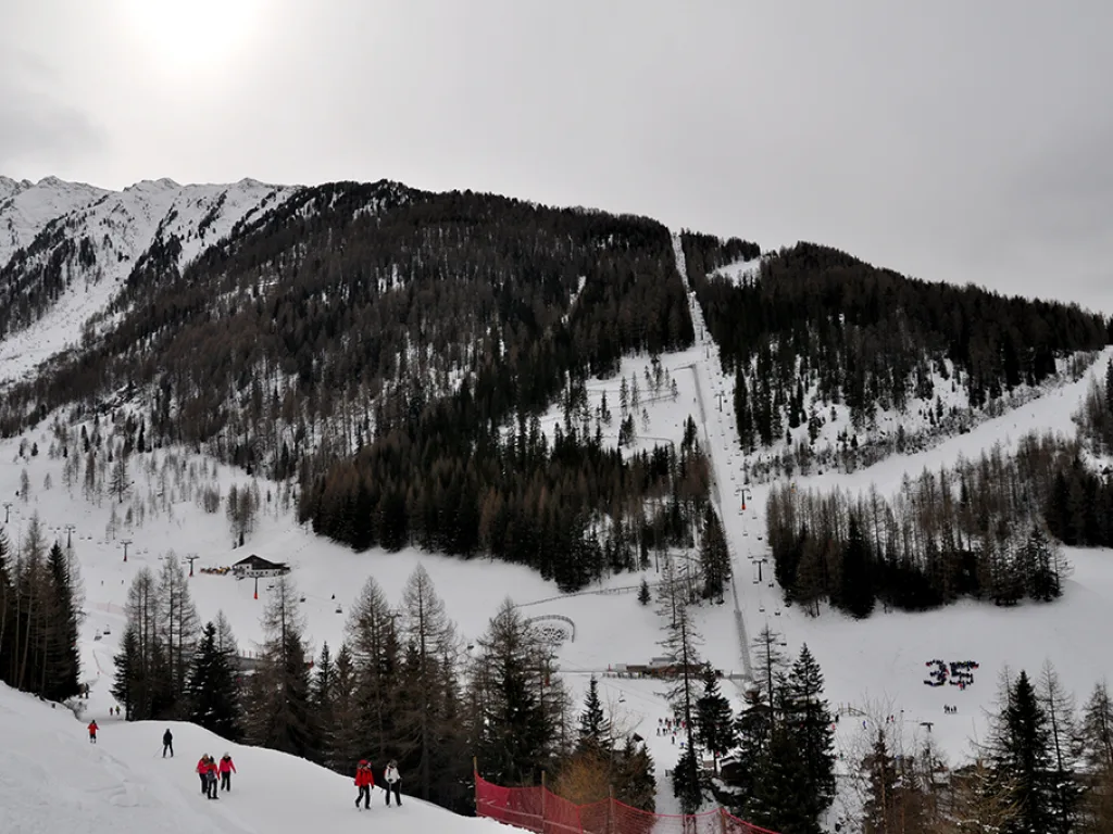 Blick auf den bewaldeten Hang mit der Zahl 35 aus Personen im Schnee.